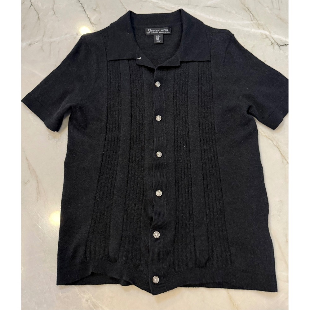 Christian Lacroix Black Extrafine Merino Wool Knit Polo Button Top Womens Medium